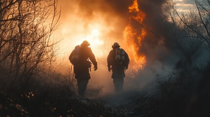 Fototapeta premium Firefighters in the smoke fighting a large fire