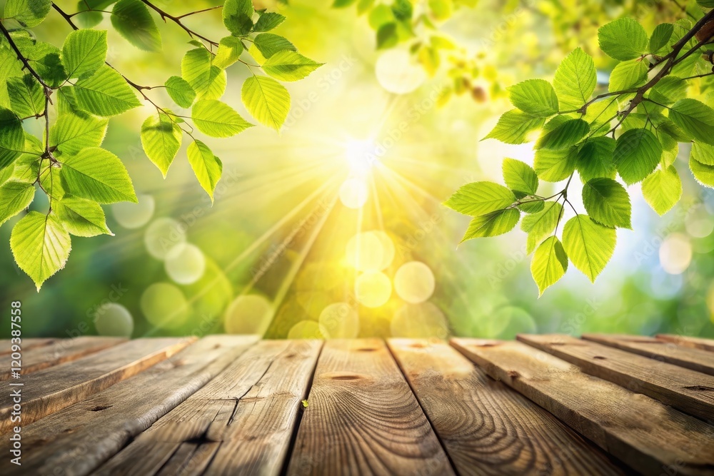 Poster outdoor scene with sunlight filtering through the tree foliage and casting a warm glow on a weathere