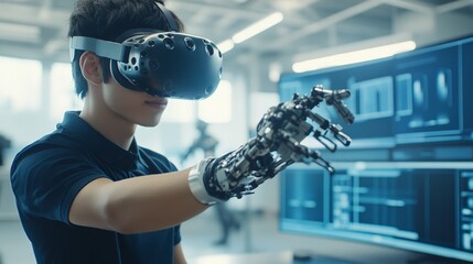 A young man is immersed in a virtual reality experience, wearing a headset and controlling a robotic arm. The setting features large monitors displaying digital graphics and data