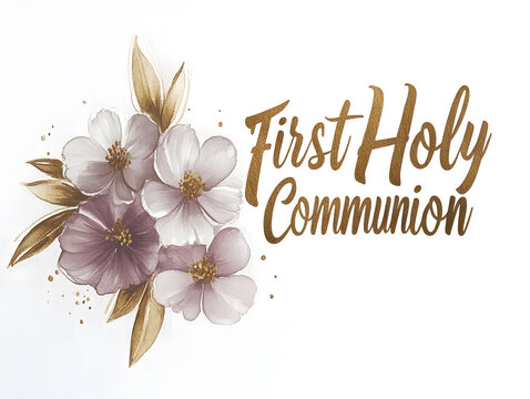 Purple flowers framing first holy communion greeting
