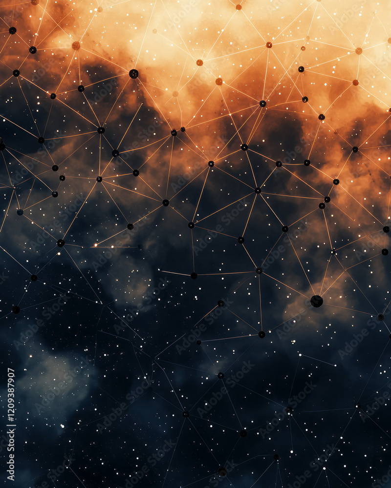 Poster a mesmerizing abstract geometric structure with black nodes interconnected by dynamic, curved lines 