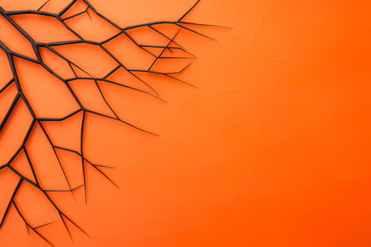 A bold abstract geometric design with prominent black nodes and sharp, angular connections on a vibrant orange background,