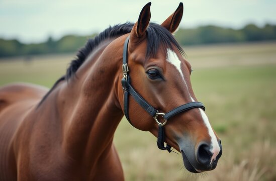 Close-up of a brown horse with a black bridle, highlighting its smooth coat, white facial marking, and attentive expression in a grassy field with a blurred countryside backdrop