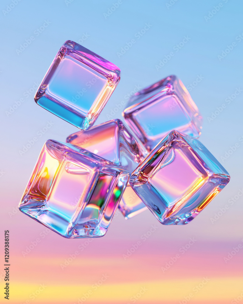 Poster a dynamic array of colorful 3d glass cubes intersecting and overlapping, illuminated by a gradient b