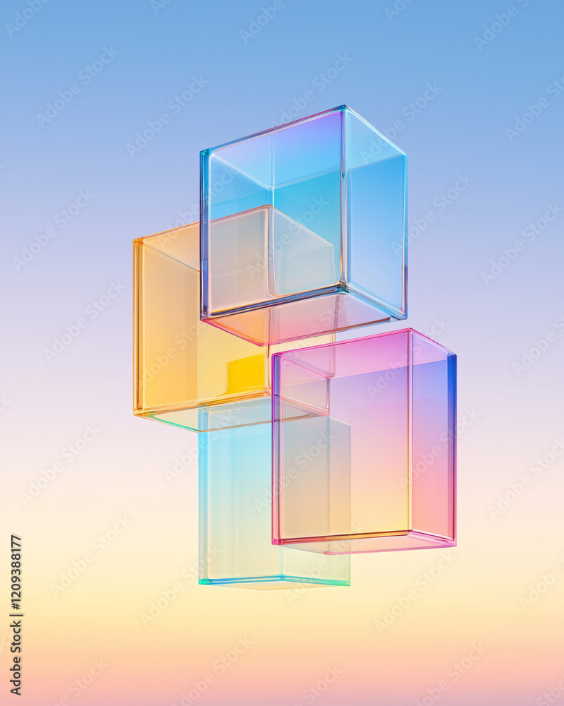 Poster a dynamic array of colorful 3d glass cubes intersecting and overlapping, illuminated by a gradient b