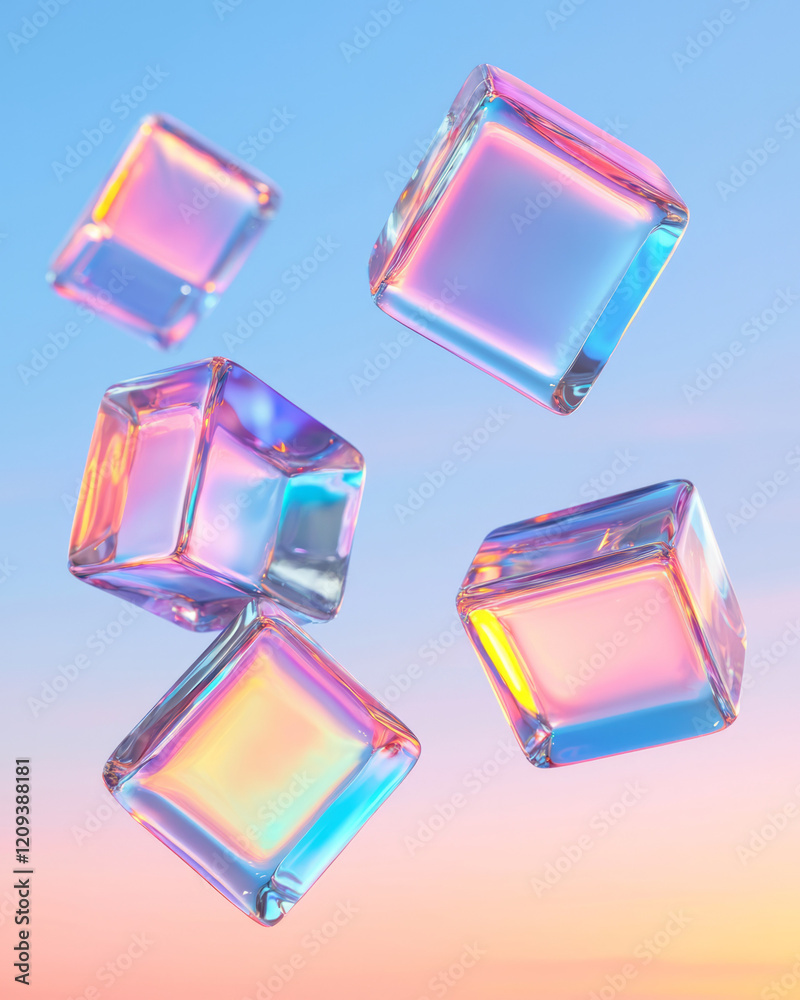 Poster a dynamic array of colorful 3d glass cubes intersecting and overlapping, illuminated by a gradient b
