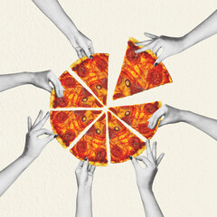 Abstract collage illustration of women hands picking triangle pizza slices. Round pizza triangle slices on background with copy space. Grunge and noise effect applied. Retro vintage style