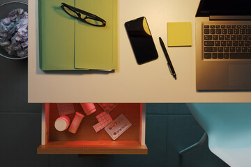 Many prescription drugs in the work desk drawer