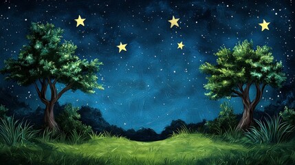 Fototapeta premium Tranquil Night Scene with Lush Green Trees Under Starry Sky Pixel Art