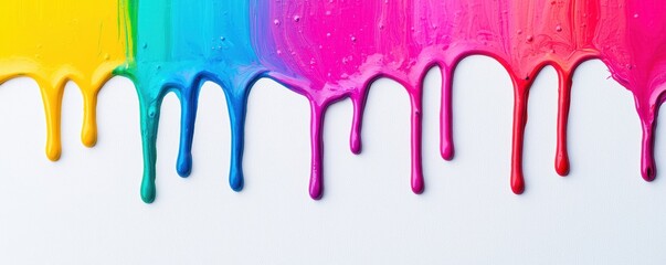 Colorful paint drips in a vibrant spectrum, creating a visually striking and artistic display on a white background.