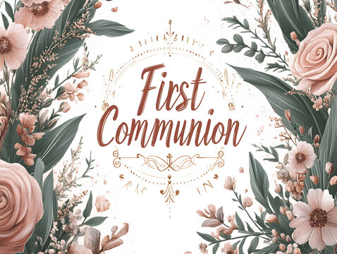 Purple flowers framing first holy communion greeting