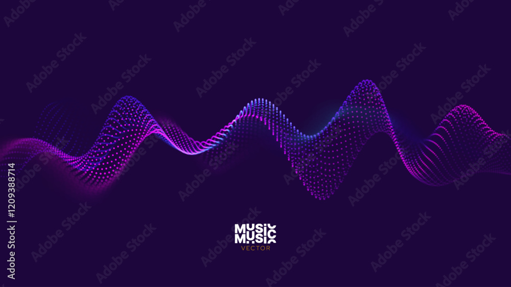Poster Abstract Music 3D Background Particles Design. Geometric 3D Modern Technology Background. Vector Illustration. Data Flow Colorful Dots Tech Backdrop.