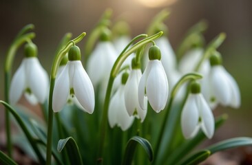 Detailed view of blooming snowdrop flowers in a natural setting, featuring white petals and green stems, symbolizing purity and renewal