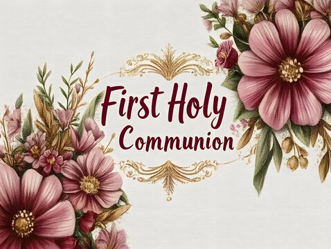Purple flowers framing first holy communion greeting - Powered by Adobe