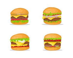 Illustrated Set of Cheeseburgers with Lettuce, Tomatoes, and Various Toppings