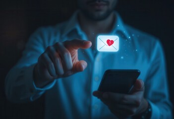 Heartfelt message notification on smartphone. A person checking a smartphone with an email notification showing a heart symbol. Represents love, personal messages