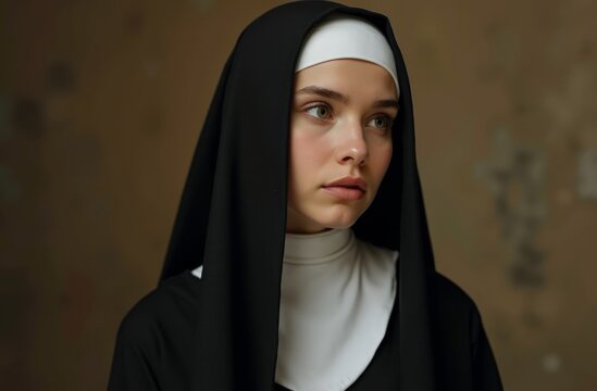 Close-up portrait of a young woman dressed as a nun in traditional black and white religious habit against a textured background