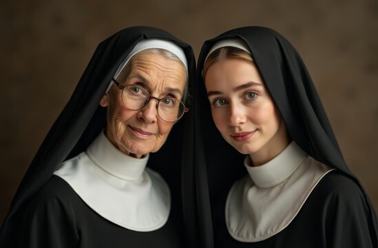Portrait of two nuns, an elderly woman and a young woman, in traditional black and white habits, standing together against a plain background