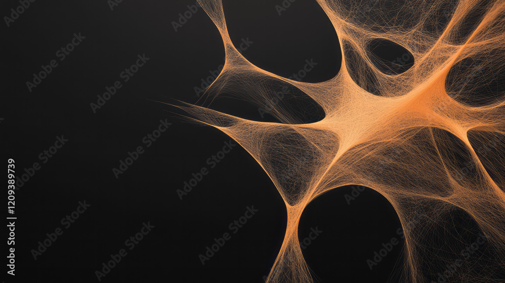Poster an intricate abstract geometric web of yellow lines creating a complex network on a smooth black bac