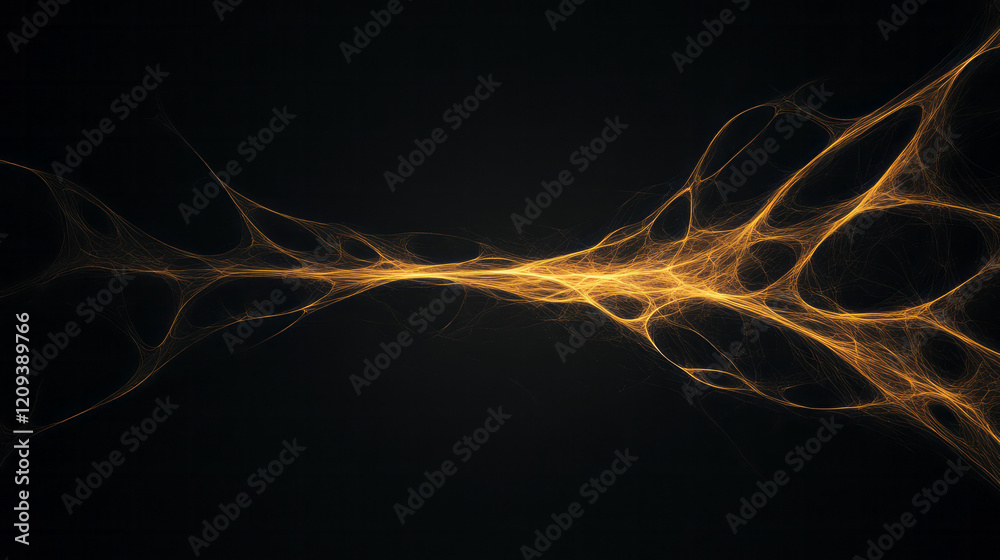 Poster an intricate abstract geometric web of yellow lines creating a complex network on a smooth black bac