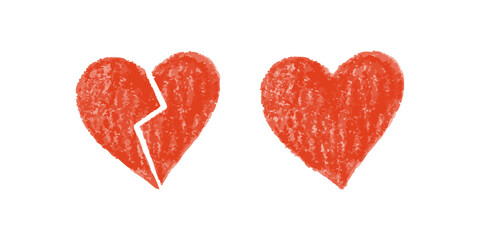 Broken and whole red crayon hearts on white background in textured style
