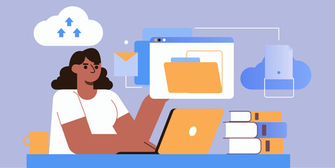 Cloud Storage and File Management Concept with Woman Using Laptop