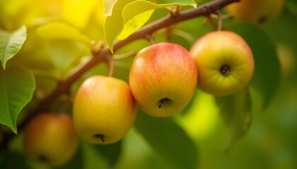 Obraz premium Two fresh green apples hanging from a branch, surrounded by vibrant green leaves. This close-up image captures the essence of nature and healthy living, making it perfect for food, wellness