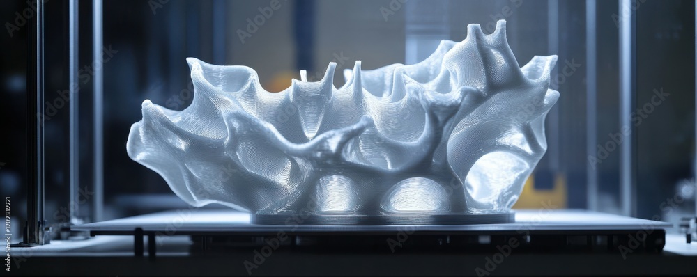 Poster a 3d printer creating a complex object layer by layer, its precise movements bringing a digital desi