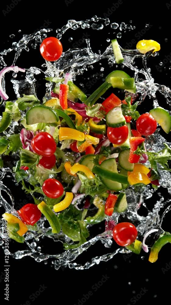 Poster super slow motion of rotating fresh lettuce flying up in the air. splashing water. isolated on black