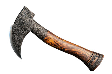 Decorated axe with wooden handle on transparent background