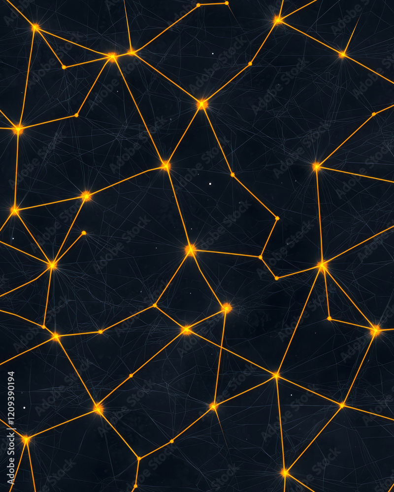 Poster a captivating abstract geometric pattern with interconnected yellow lines creating a complex web on 