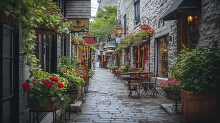 Fototapeta premium Charming alleyway adorned with flower pots, inviting cafes, and historic stone buildings.