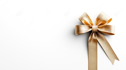 Gold ribbon bow on white background, gift wrapping detail, copy space