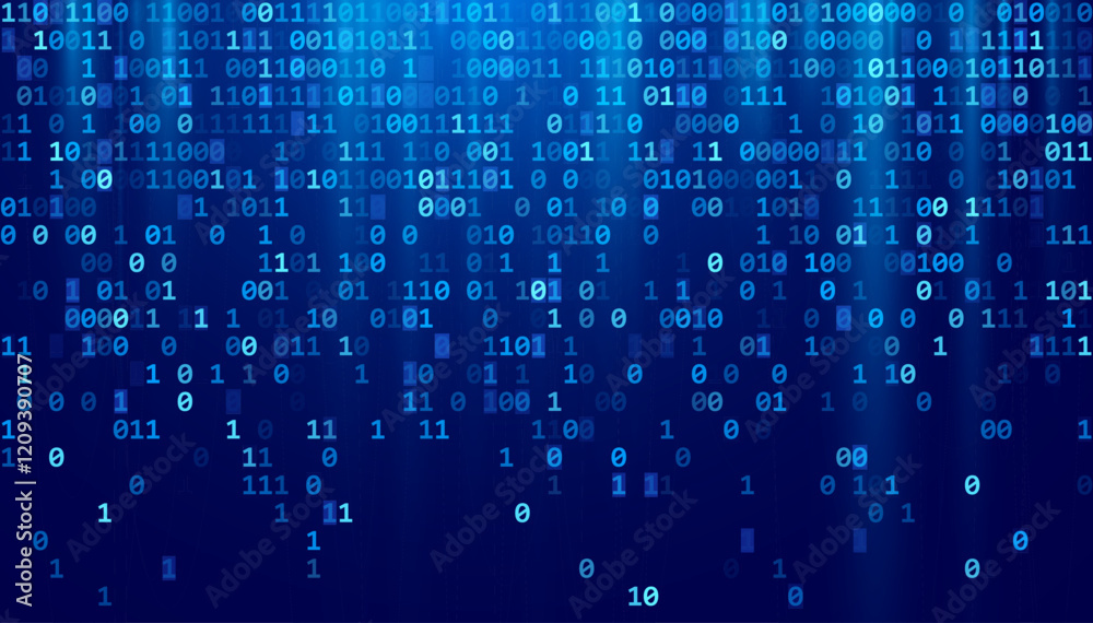 Aufkleber Abstract Blue Binary Software Programming Code Background. Random Parts of Program Code. Digital Data Technology Concept. Random Binary Data Matrix Wide Vector Illustration.