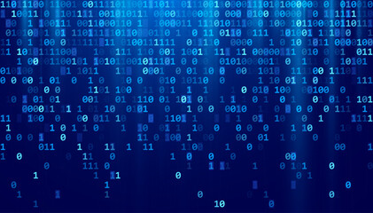 Abstract Blue Binary Software Programming Code Background. Random Parts of Program Code. Digital Data Technology Concept. Random Binary Data Matrix Wide Vector Illustration.