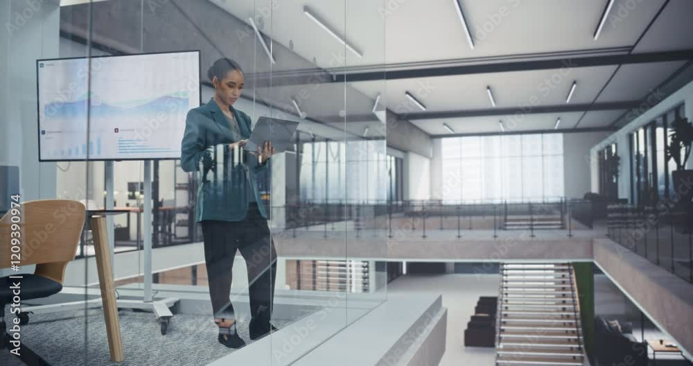 Poster stylish black woman using a laptop computer while standing in an office behind a glass wall. manager