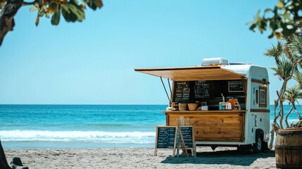 Fototapeta premium Food truck by the sea with a beautiful and peaceful beach 
