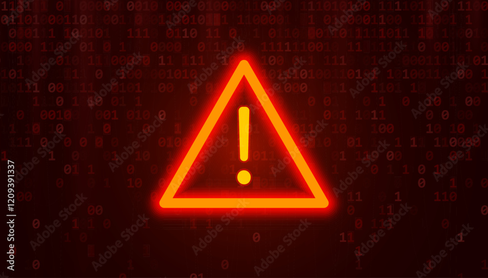 Poster Triangle Attention Danger Symbol on Dark Red Glitched Background. Computer Virus. System Hacked Error Sign. Malware, Ransomware, Data Breach, Database Leak Concept. Vector Illustration.