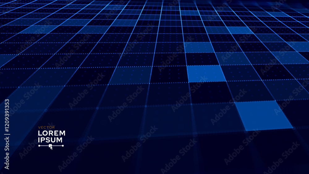 Poster Abstract Digital Technology or Science Background. Blue Perspective Grid with Light Effects. Vector for Your Graphic Design.