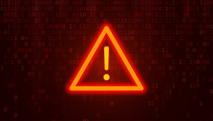 Triangle Attention Danger Symbol on Dark Red Glitched Background. Computer Virus. System Hacked Error Sign. Malware, Ransomware, Data Breach, Database Leak Concept. Vector Illustration.