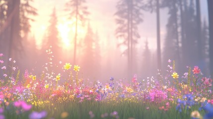 Obraz premium Colorful wildflowers bloom in a grassy meadow at sunrise with misty pine trees in the background.