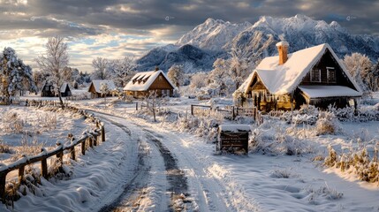 Snowy village road, mountain backdrop, winter sunrise. Postcard, calendar