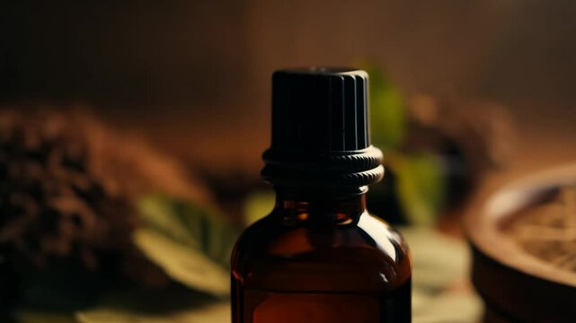 Slow zoom out video, dark amber bottle wrapped in leather, holding patchouli essential oil, dried patchouli leaves, dark brown surface, dim, low key lighting