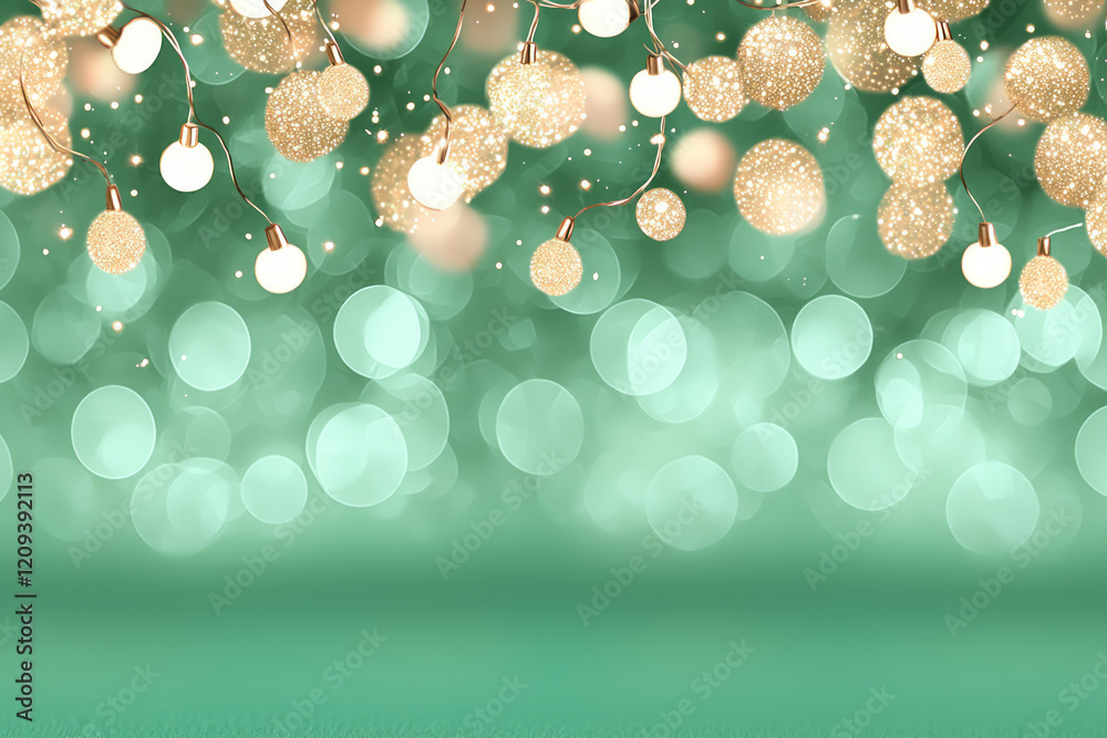 Poster a vibrant festive scene with golden bokeh lights softly glowing against a lush green background, cre