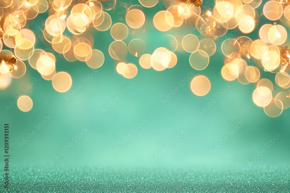 Poster a vibrant festive scene with golden bokeh lights softly glowing against a lush green background, cre