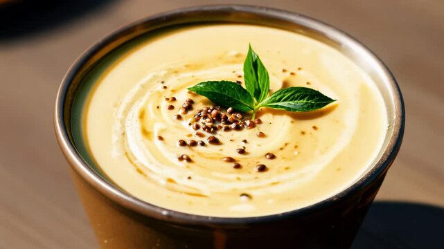 360-degree video, natural light, camera rotates around creamy mango lassi in a traditional metal cup, sprig of mint, dusting of cardamom add aroma and detail