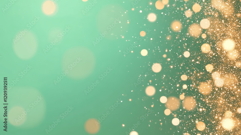 Poster an abstract design of golden bokeh lights shimmering against a vibrant green background, symbolizing