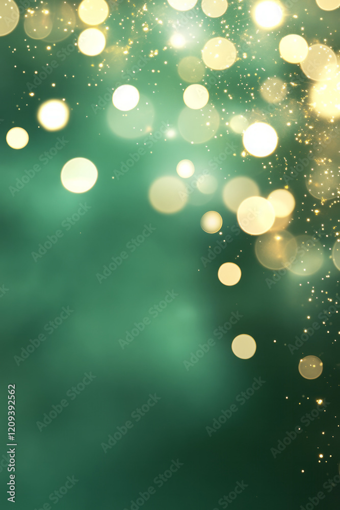 Poster A dynamic festive display with golden bokeh lights cascading over a green background, adding depth and sparkle to the scene,