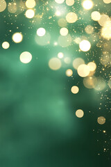A dynamic festive display with golden bokeh lights cascading over a green background, adding depth and sparkle to the scene,