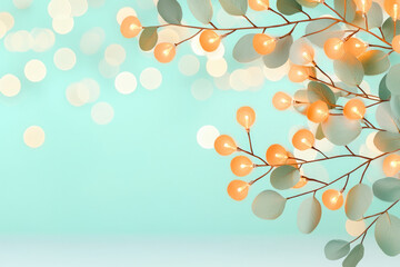 A charming holiday setup with golden bokeh lights entwined in green garlands, creating a festive and elegant decoration,